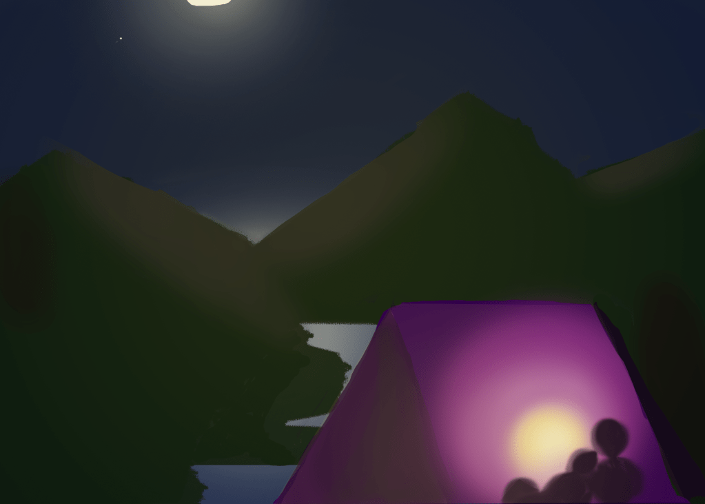 The shadows of two people cuddling in a tent, illuminated by the glow of a flashlight. A full moon shines down on mountains and a lake surrounding the campers. 