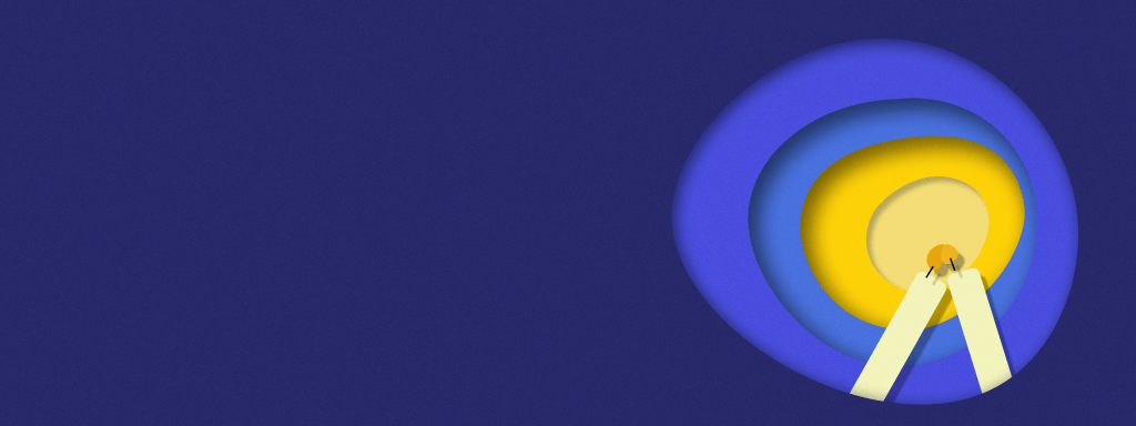 Horizontal image made from layered blue and yellow paper cutouts show the glow emanating from two candles touching lit wicks.